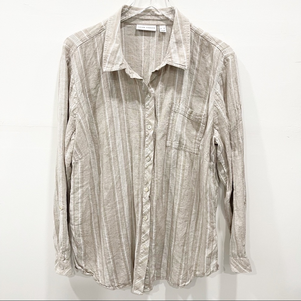 Susan Graver Long Sleeve Button Down Linen Shirt XL Tan Stripe Lagenlook